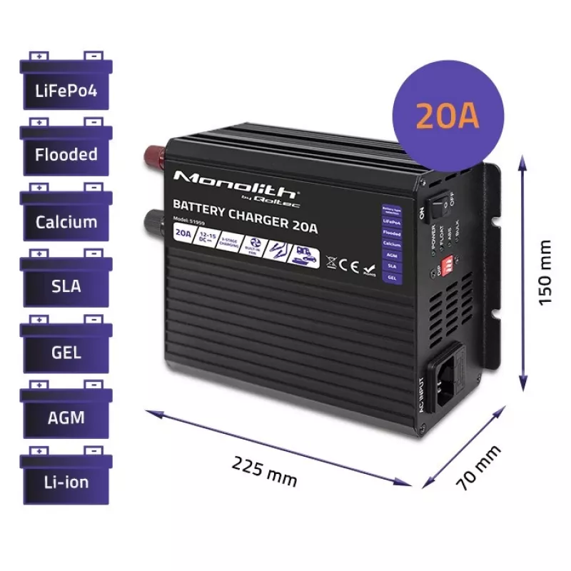 Cargador QOLTEC Monolith 20 A 12 V para baterías LiFePO4, AGM, GEL, SLA