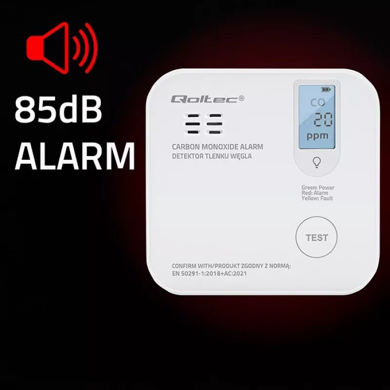 Sensor de monóxido de carbono QOLTEC 52577 — alarma a pilas, nivel sonoro 85 dB