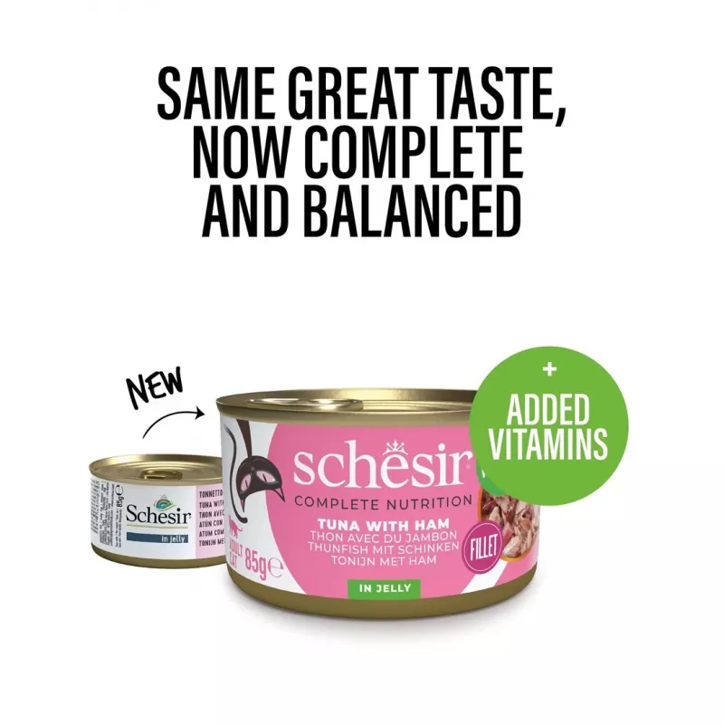 SCHESIR en gelatina Atún con jamón - Comida húmeda para gatos - 85 g