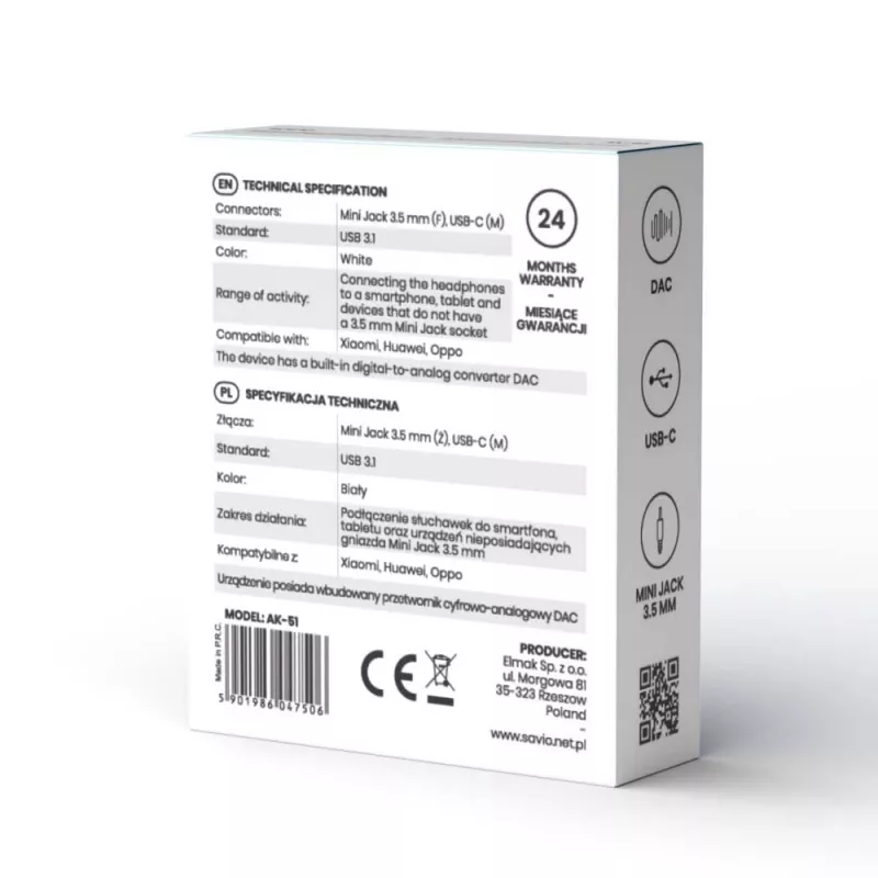 Adaptador de audio USB Type 3.1 C (M) – Jack 3.5mm (H) Blanco SAVIO AK-51