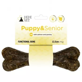 Hueso masticable PAKA ZWIERZAKA Pepe Vet — premio funcional para cachorros y perros senior, sabor ternera, 70 g, sin cereales