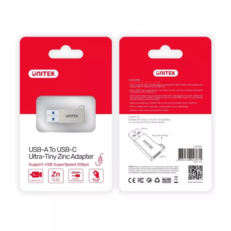 Unitek A1034NI adaptador de USB-A macho a USB-C hembra, USB 3.1 Gen1, plateado