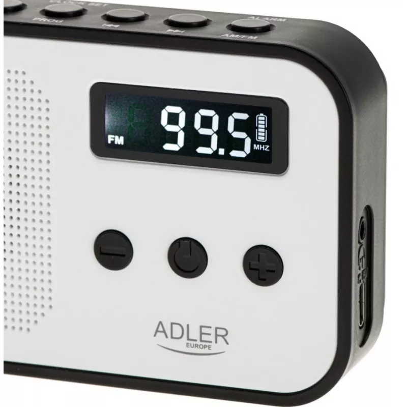 Adler AD 1907 radio digital PLL, AM/FM, 40 presintonías, alarma con repetición, USB-C, batería recargable integrada, conector de 3,5 mm, blanco/negro