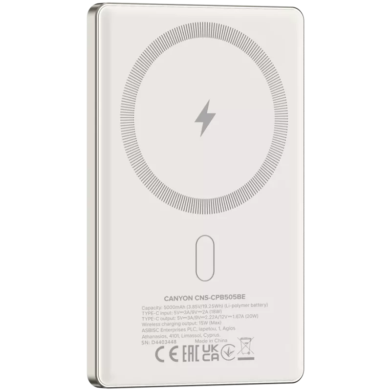 Canyon OnPower 505 - Batería portátil - 5.000 mAh - entrada USB-C - salida USB-C PD 20W + Wireless Magnet 1