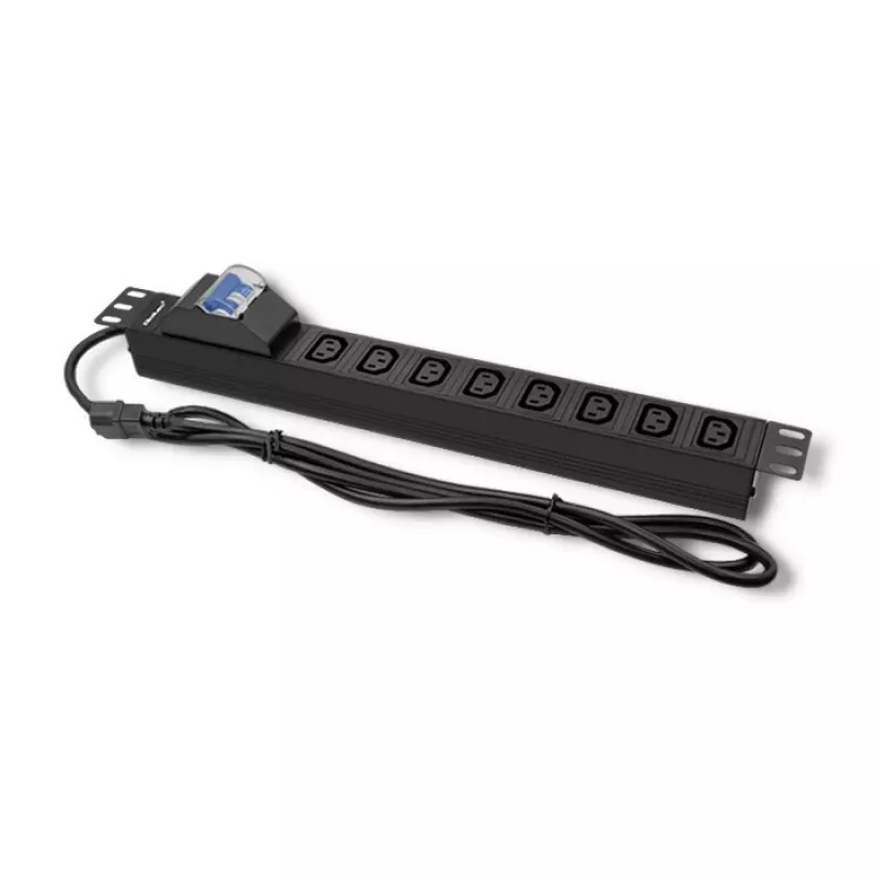 Qoltec 53999 Regleta PDU para rack de 19 pulgadas, 1U, 8x IEC C13, 10 A, con disyuntor, 2 m