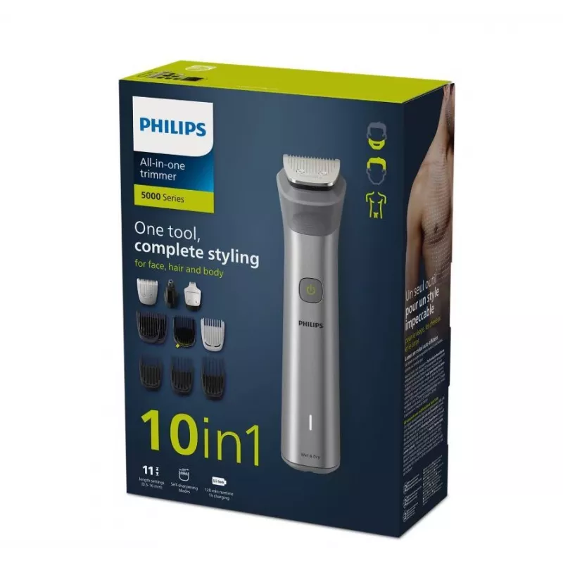 Recortadora todo en uno Philips MG5920/15 Series 5000, Acero inoxidable, 0,5 mm, 1,6 cm, 1 mm, Barba, Orejas, Nariz, Batería