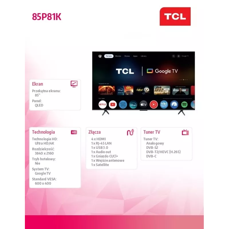 TV TCL 85P81K 85 pulgadas QLED 4K, clase de eficiencia energética F