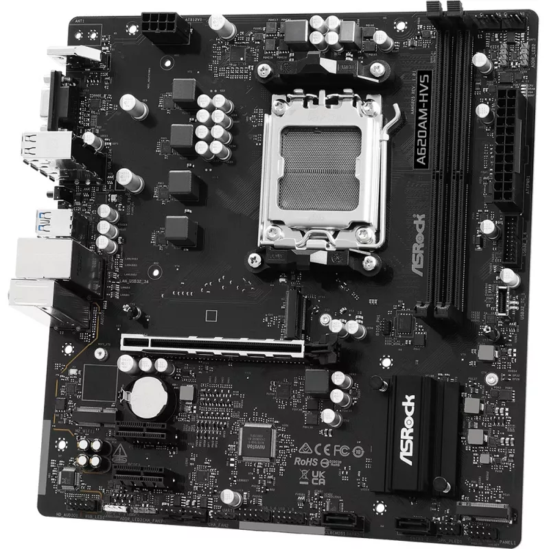 Placa base ASRock A620AM-HVS Micro ATX — chipset AMD A620A, socket AM5, DDR5, 2 DIMM, hasta 128 GB, HDMI 2.1, M.2 2280
