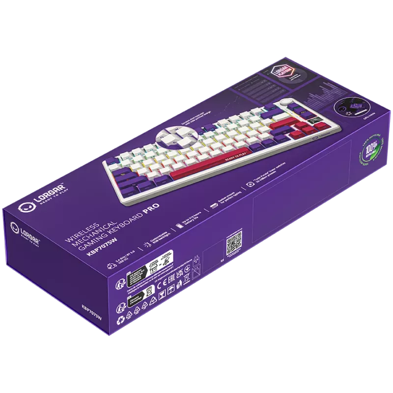 LORGAR KBP7075W, teclado gaming mecánico inalámbrico 75% Pro, blanco, distribución EN