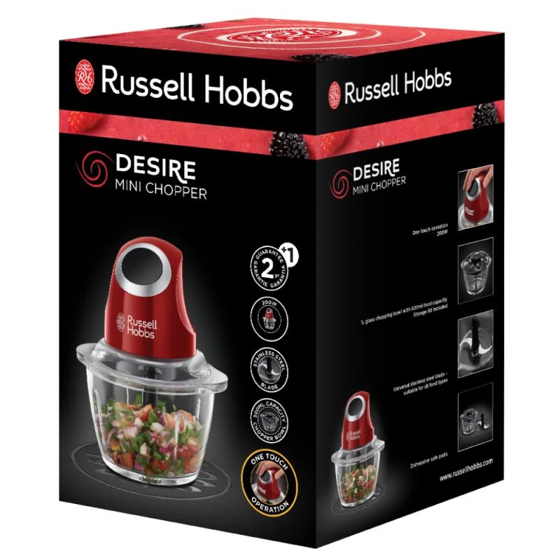 Picadora eléctrica Russell Hobbs 24660-56 — recipiente de vidrio 1 L, 200 W, rojo