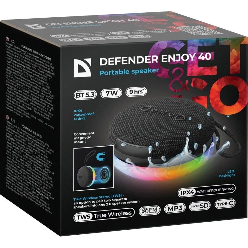 Altavoz Bluetooth portátil DEFENDER ENJOY 40 — 7 W RMS, Bluetooth 5.3, iluminación LED, batería LiPo, 9 h, negro