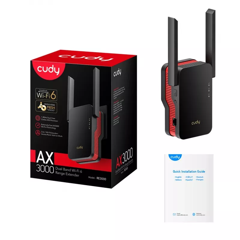 Amplificador de señal Wi‑Fi Cudy RE3000 2400–5000 MHz, 802.11ax/ac/n/g/b/a, Ethernet 100 Mbps, antena externa, negro/rojo