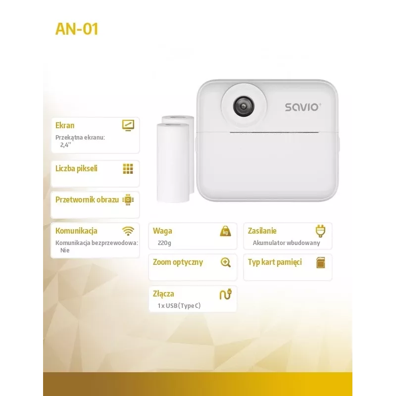 Cámara instantánea SAVIO AN-01 para niños, blanca, LCD de 6,1 cm (2,4″), MicroSDHC hasta 32 GB, USB-C, batería de 1200 mAh, sin flash integrado