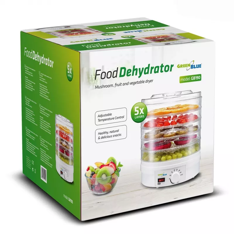 GreenBlue GB190 deshidratador de alimentos para setas, verduras y frutas, 5 bandejas, 250 W, temperatura ajustable 35–70 °C, blanco