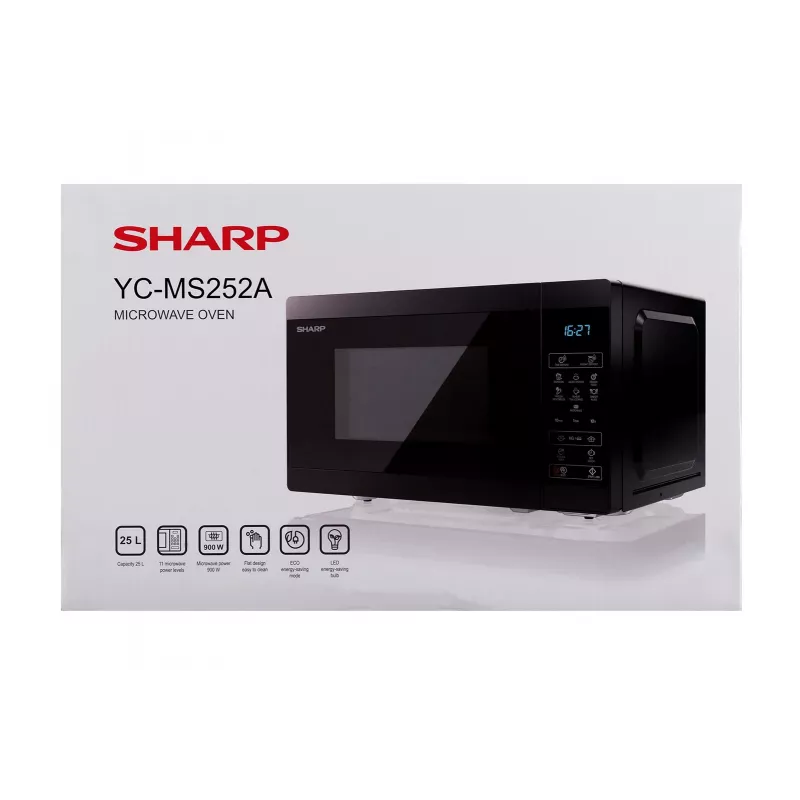 Microondas Sharp YC-MS252AE-B, de libre instalación 25 L, 900 W, manejo táctil, 11 niveles de potencia, bloqueo infantil, función ECO, negro