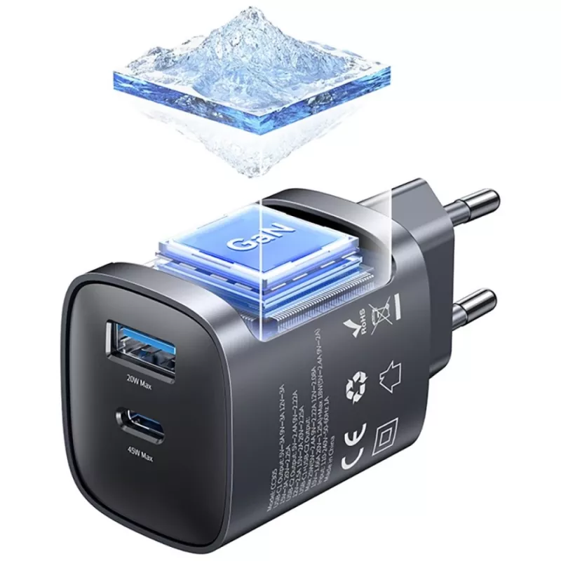 Cargador T66 45W GaN CC290 USB-A + USB-C