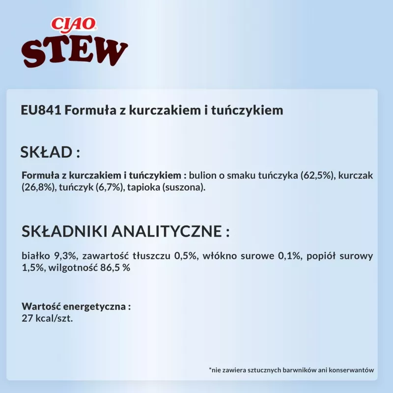 Snack húmedo para gatos INABA Ciao Stew pollo y atún sobre de 40 g, sobre cárnico, 86,5 % de humedad