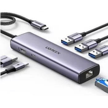 Ugreen 15598 USB 3.2 Gen 1 Type-C Hub HDMI RJ-45 USB 3.0 plata