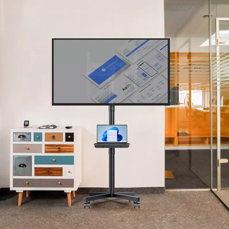 Maclean MC-949 soporte móvil con ruedas para TV de 32–55 pulgadas, VESA 75×75–400×400, máx. 25 kg, altura 149,5–154,5 cm, inclinación +5°, estante, negro
