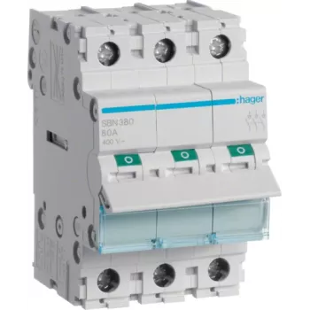 Hager SBN380. Corriente nominal: 80 A, tensión de bobina (máx.): 440 V. Número de módulos (máx.): 3 módulos. Ancho: 52,5 mm, profundidad: 68 mm, altura: 83 mm (SBN380)