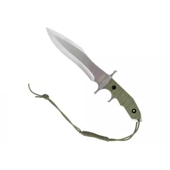 Cuchillo fijo Cinema Classic CC-H5 Rambo V — cuchillo de supervivencia, hoja de acero 230 mm, longitud total 385 mm, empuñadura de polímero verde, funda de cuero