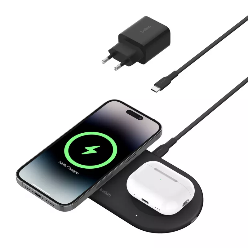 Belkin WIZ021VFBK – Estación de carga inalámbrica 2 en 1 con tecnología Qi2 15 W, negra
