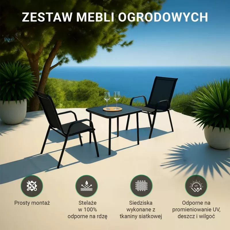 Conjunto de jardín Extralink Black Forest, textileno dos sillas + mesa negra