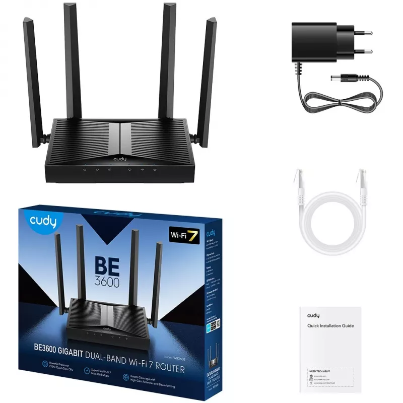 Router de sobremesa Cudy WR3600 dual band Wi-Fi 7 (802.11be), hasta 2882 Mbit/s, 4× Gigabit LAN, 1× WAN, negro