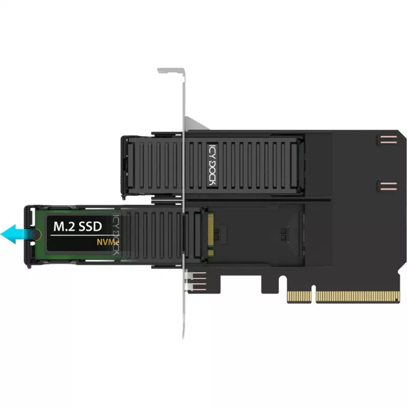 Tarjeta adaptadora PCIe icybox MB312M4P-B — 2× M.2 NVMe a PCIe 4.0 x8 (bifurcación)
