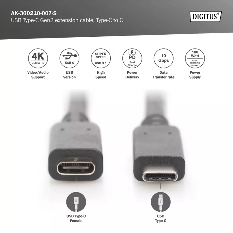 Cable de extensión USB Type-C Digitus AK-300210-007-S 0,7 m
