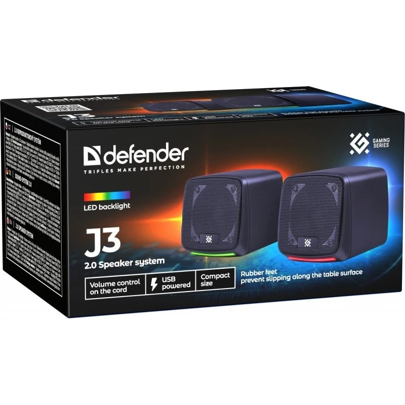 Defender J3 2.0 altavoces para PC, 6 W, LED, alimentación USB, AUX, 90–20000 Hz, negros