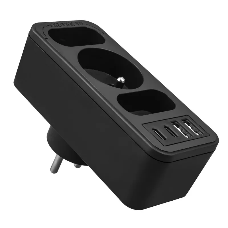 Regleta de enchufes MACLEAN MCE248 F/B — 3 tomas AC (1x16A, 2x6A) y 4 puertos USB (2xUSB‑A, 2xUSB‑C PD 20W), conector EU, negro