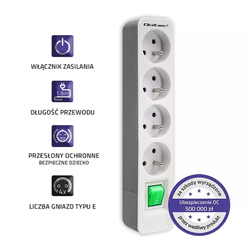 Regleta de alimentación Qoltec 50288 1,8 m 4 tomas de corriente para interior Blanco