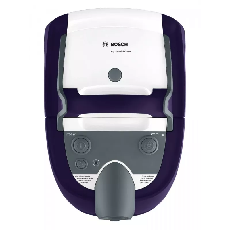 Aspirador en húmedo y seco Bosch BWD 41740 AquaWash&Clean — 1700 W, depósito de 5 litros, filtro EPA, tubo telescópico, radio de 9 m, lila