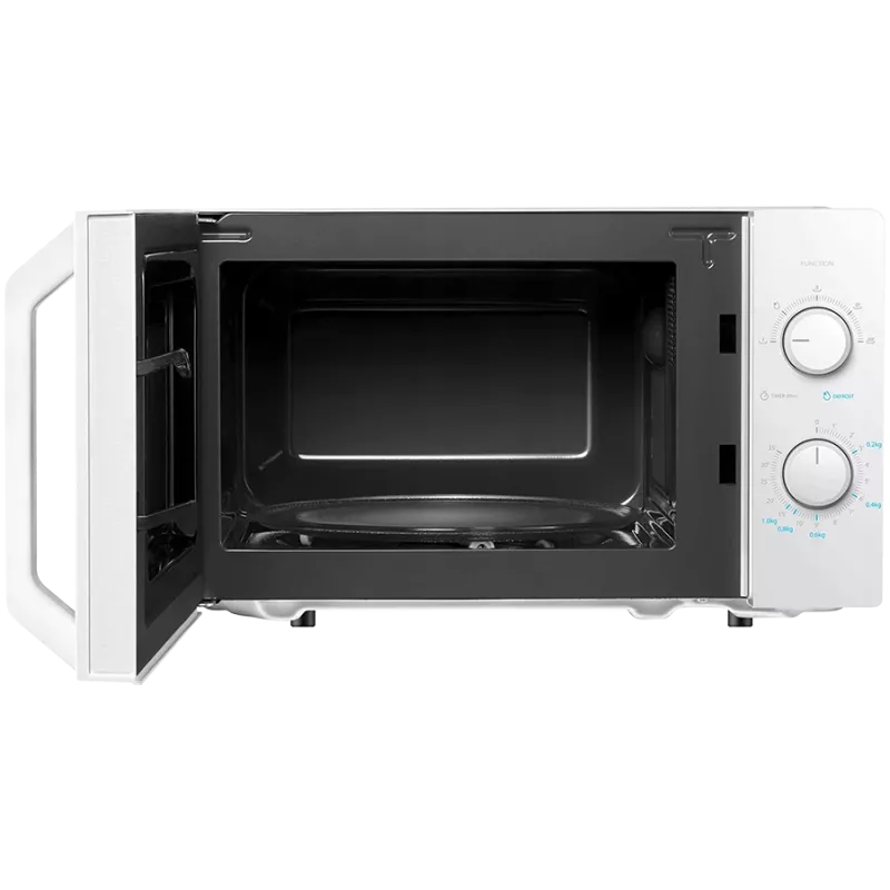 Microondas, volumen 20L, control mecánico, 800W, 5 niveles de potencia, iluminación LED, función descongelar, señal al finalizar el tiempo de cocción, color: blanco