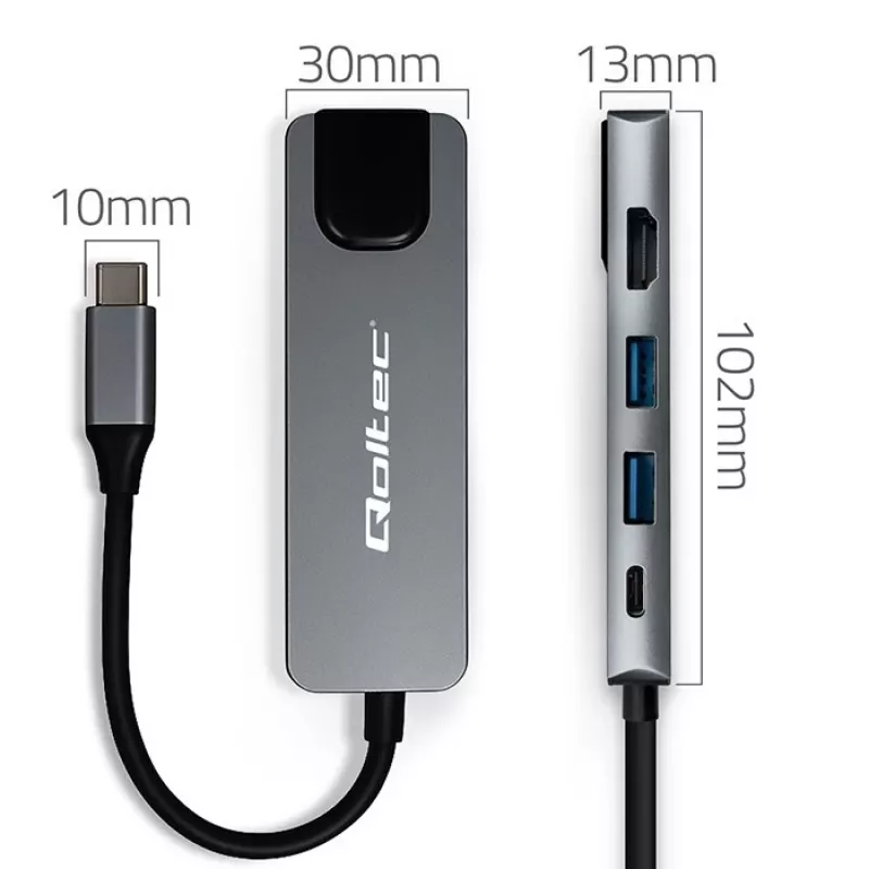 Hub USB-C QOLTEC 53795 5 en 1 con 100W PD, 2×USB-A, HDMI 4K, RJ45