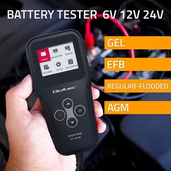 Qoltec 52489 Analizador y comprobador digital de baterías 3-en-1 con LCD y multilingüe 6V | 12V | 24V | 30Ah-200Ah