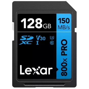 Tarjeta de memoria SDXC Lexar 128GB UHS-I 800xPRO Class 10 U3 V30 — 150 MB/s lectura, 45 MB/s escritura, negra