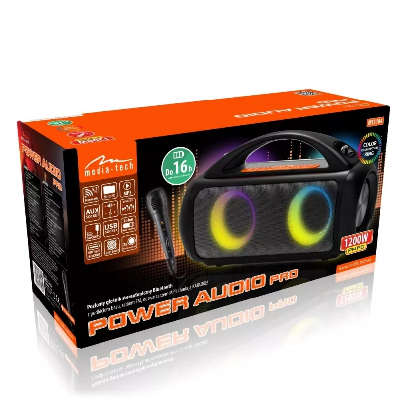 Altavoz portátil MEDIA-TECH MT3184 — Bluetooth 5.3, 60W RMS, IPX5, batería de Li-Ion 16h, puerto de carga USB-C, MicroSD, TWS, micrófono, mando a distancia