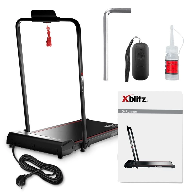 Cinta de correr motorizada Xblitz X-RUNNER — plegable compacta, velocidad máx. 12 km/h, carga máx. 120 kg, negra