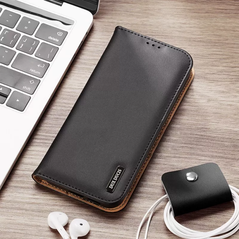 Funda de cuero Dux Ducis Hivo con solapa, cartera de cuero natural para tarjetas y documentos, Samsung Galaxy S22+ (S22 Plus), negra