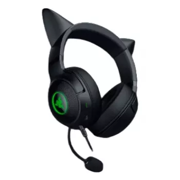 Kraken Kitty V2 - Negro, Auriculares gaming, Orejas Kitty, Iluminación reactiva al streaming, Micrófono cardioide HyperClear, Controladores TriForce de 40 mm, Micrófono integrado en las orejeras, Razer Chroma RGB (oreja y orejeras), Sonido envolvente: Solo disponible en