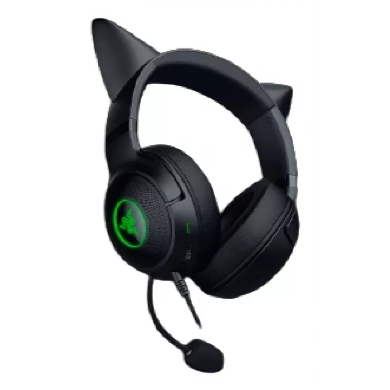 Kraken Kitty V2 - Negro, Auriculares gaming, Orejas Kitty, Iluminación reactiva al streaming, Micrófono cardioide HyperClear, Controladores TriForce de 40 mm, Micrófono integrado en las orejeras, Razer Chroma RGB (oreja y orejeras), Sonido envolvente: Solo disponible en