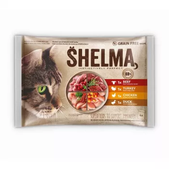 Comida húmeda para gatos SHELMA multipack 4×85 g – alimento completo para gatos adultos, pollo, pavo, ternera, pato, sin cereales