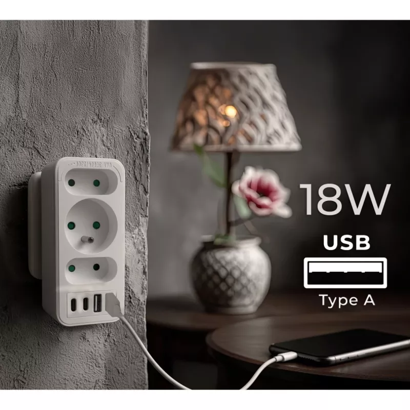 Regleta de enchufes MACLEAN MCE248 F/W — 3 tomas AC (1×16A, 2×6A) + 4×USB (2×A, 2×C PD 20W), conector EU, blanco