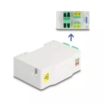 Delock 88098 Caja de conexión de fibra óptica para carril DIN con soporte de empalmes, 4x LC Duplex