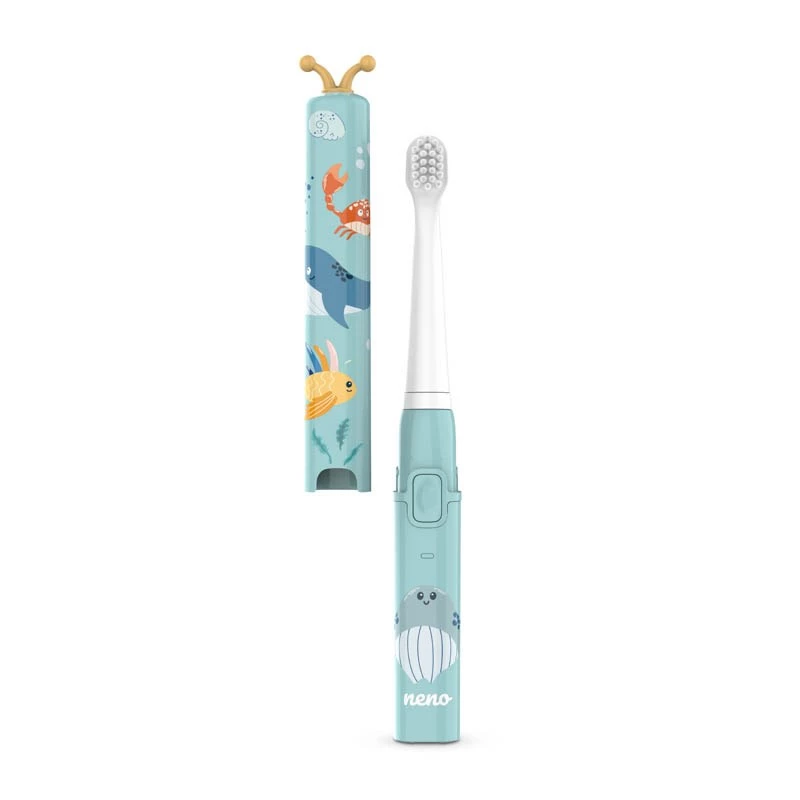 Cepillo de dientes eléctrico infantil neno Pulito – cepillo vibratorio compacto recargable, 2 cabezales, modo masaje, temporizador de 2 minutos, batería de Li-Ion