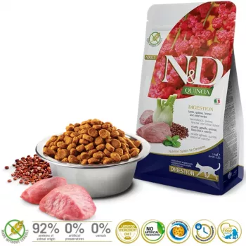 Pienso seco para gatos Farmina N&D Quinoa Adult Lamb 1,5 kg — cordero, 33 % proteína, 21,5 % grasa, sin gluten ni soja