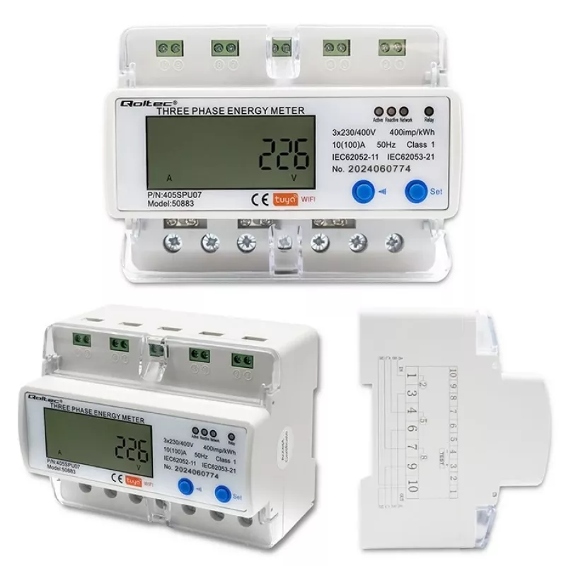 Contador de energía trifásico QOLTEC 50883 Wi‑Fi 400V con pantalla LCD