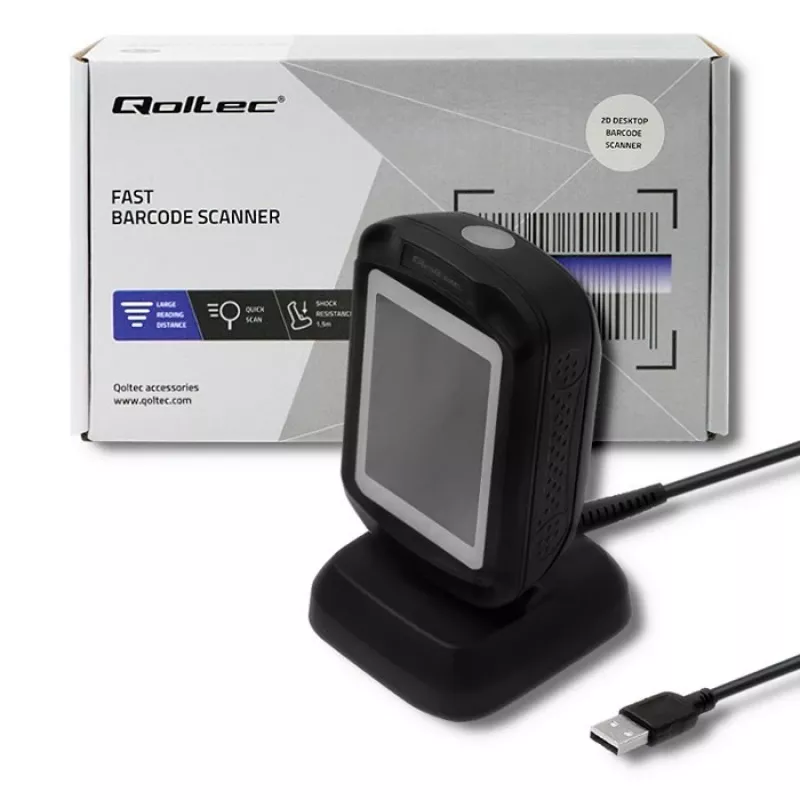 Lector de códigos de barras fijo 1D/2D QOLTEC 50864, sensor LED, USB (con cable), negro, 145×85×80 mm